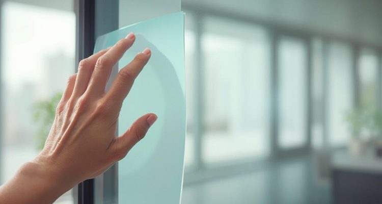 Gros plan d'une main touchant doucement une vitre transparente.