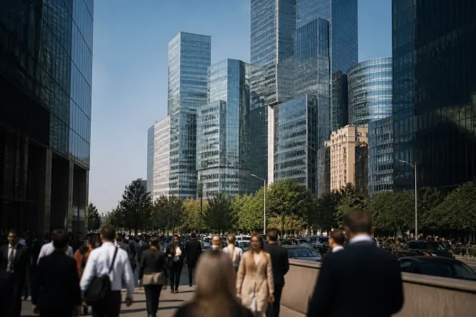 Gratte-ciel modernes et passants dans une rue animee